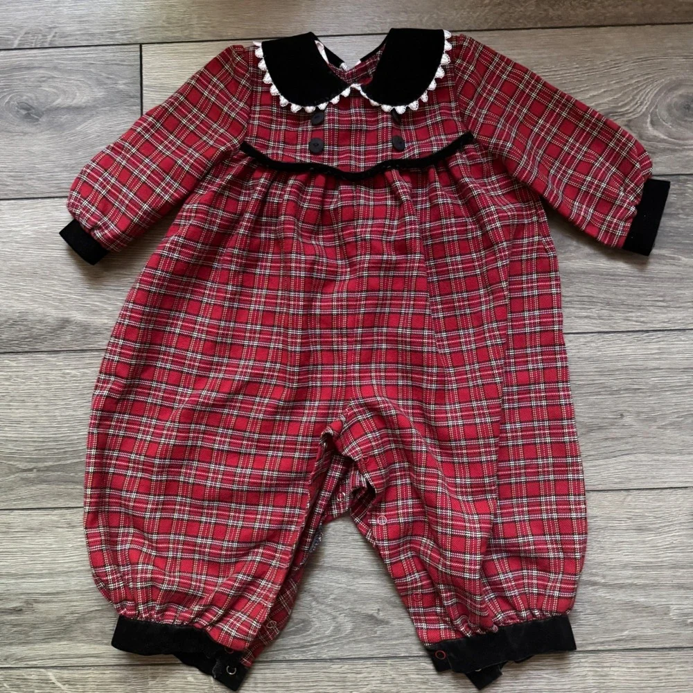 Vintage  y2k Bonnie Baby Red Plaid Velvet Trim Romper Holiday 18 Months